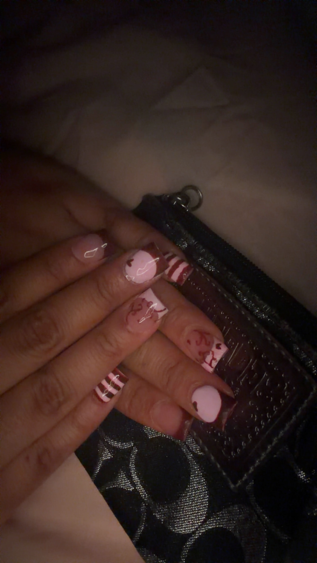 Pink and burgundy long square set with hand-painted hearts and stripes