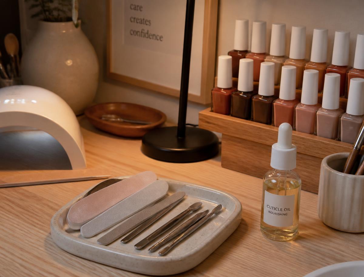 Bella's nail studio setup with a clean manicure table, lamps, and polish